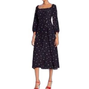 Ghost London Red Cherry Midi Black Dress Crepe Empire 3/4 Balloon Sleeves XS